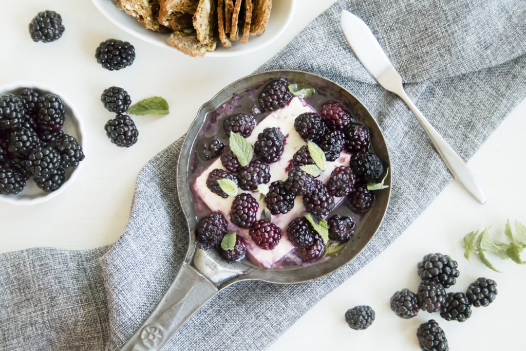baked feta with honey, blackberry, and mint