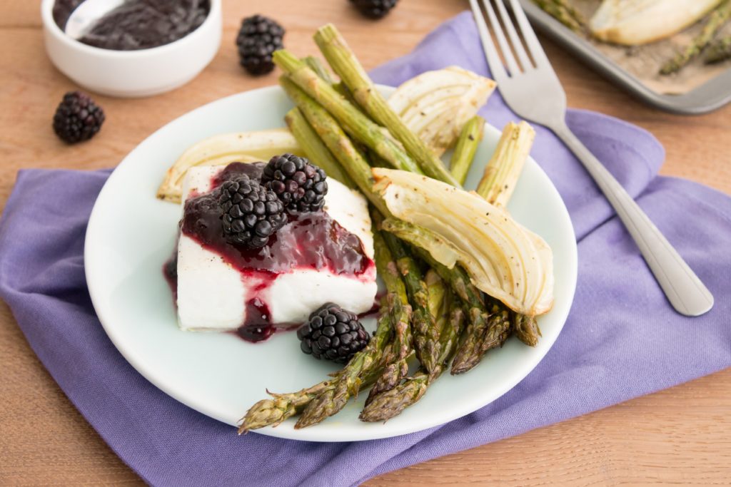 sheet pan halibut with blackberry glaze